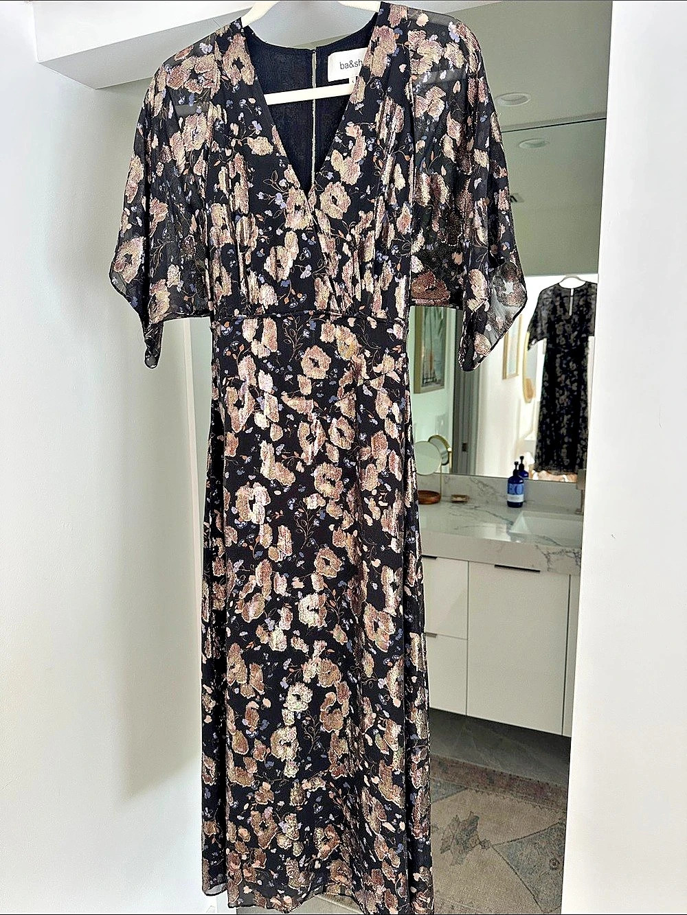 BA&SH Black And Gold Metallic Floral Print Dress Small-Like New